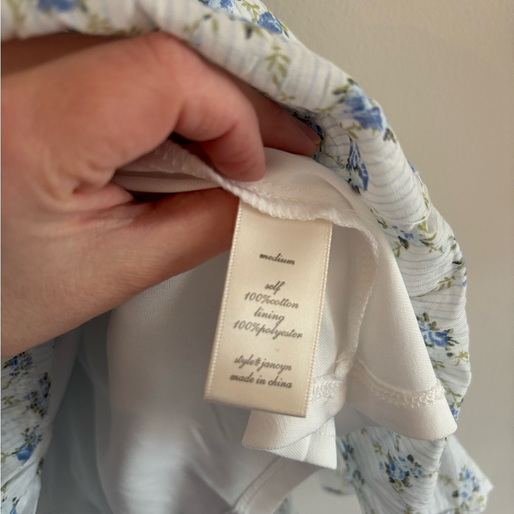 Altar'd State White and Light Blue Floral Ruffle-Shoulder Mini Dres, Size M - Picture 6 of 6